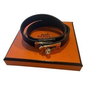 Hermès Black Leather Bracelet with Gold Hardware
